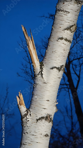 Symbol of resilience in nature captured at twilight, showcasing a fractured birch tree trunk against a deep blue sky, emphasizing strength and vulnerability of trees