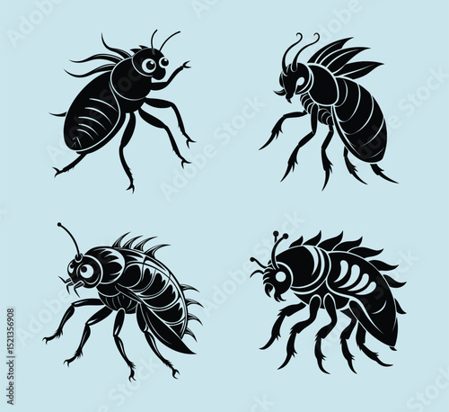Flea silhouette vector, Flea vector set, insect shape illustration, parasite animal graphic, black and white pest design