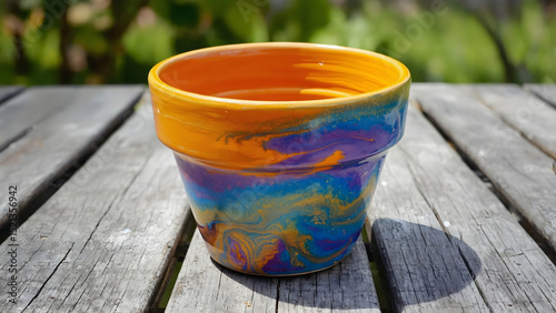 Colorful ceramic pot resting on rustic wooden surface in natural light, showcasing artistic swirl patterns