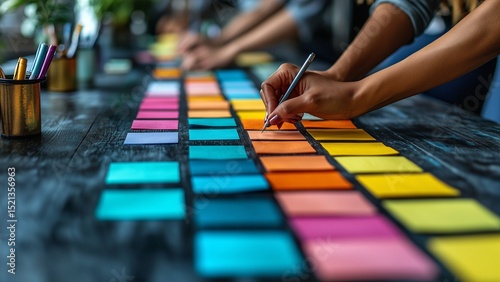 Close-up of hands placing colorful sticky notes on board during a brainstorming session, collaborative moment, clear bright office lighting