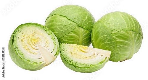 Three whole cabbages and two cut cabbages on a transparent background close up view