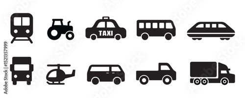 Black silhouette transportation vehicle icon set. taxi, train, bus, truck, van, helicopter, tractor, and monorail vector illustration
