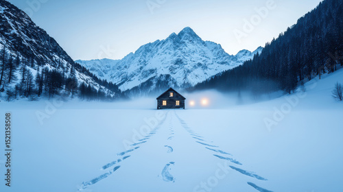 Serene snowy landscape features cabin surrounded by mountains, with soft lights glowing warmly