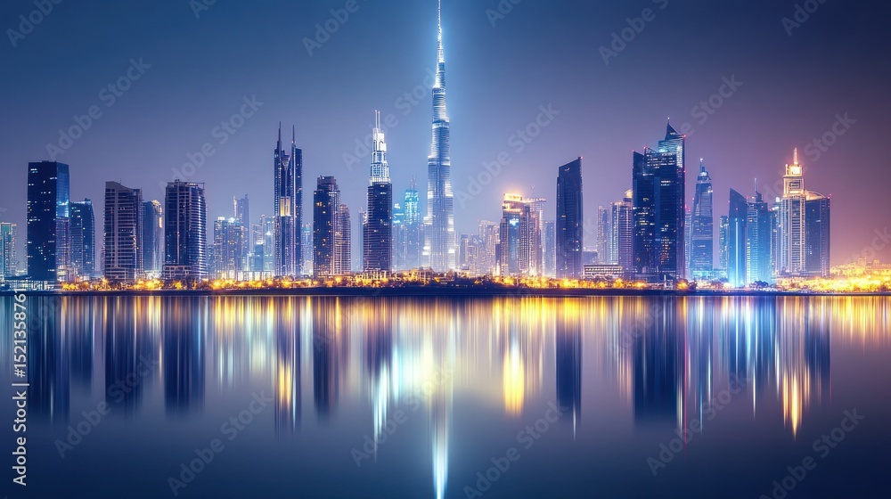 Fototapeta premium Night cityscape skyline reflected in calm water.