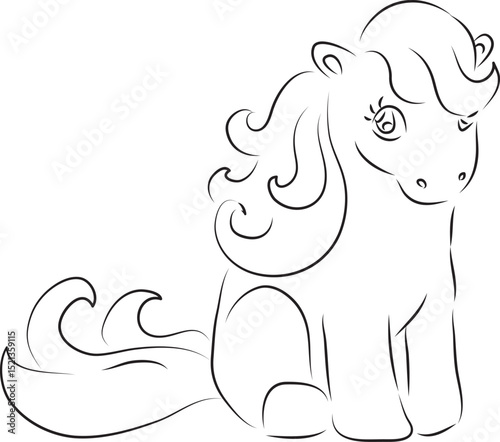 cute pony with wavy mane and long bangs sits and looks at camera, curved lines drawn by hand with a black brush