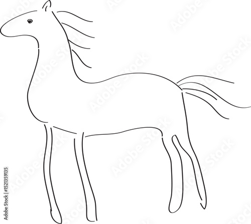simple drawing of a horse imitating a cave painting, side view, curved lines drawn by hand with a black brush