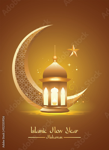 Muharram Islamic new year golden lantern with crescent moon vector poster