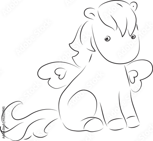 little cute pony with butterfly wings sitting, curved lines drawn by hand with a black brush