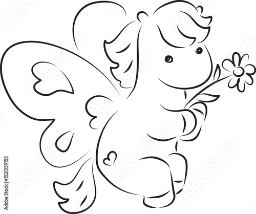 flying little cute pony with butterfly wings holding flower, curved lines drawn by hand with a black brush