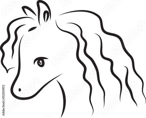 cute horse head with wavy long mane side view, curved lines hand drawn with black brush