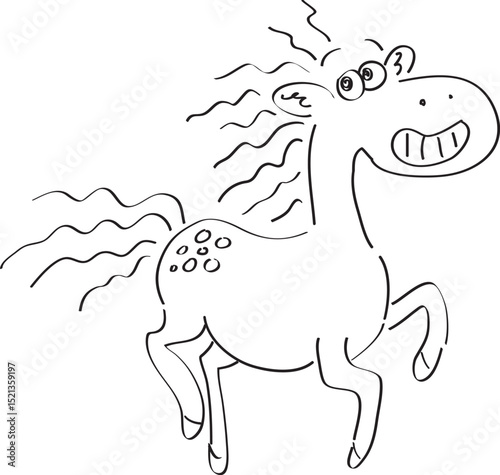 funny horse with disheveled mane gallops and smiles from ear to ear, side view, curved lines drawn by hand with a black brush
