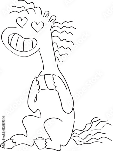 funny horse with loving eyes sits and smiles widely with wide teeth, curved lines drawn by hand with a black brush