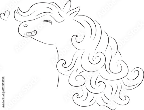 laughing cute horse head with a flying heart next to it and a long beautiful wavy mane, curved lines drawn by hand with a black brush