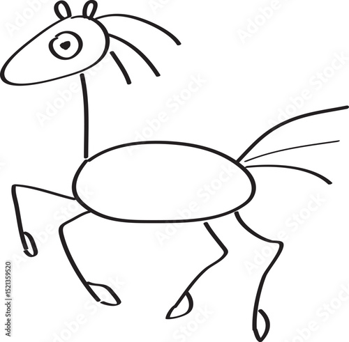 funny horse drawn in doodle style as a child's drawing, curved lines drawn by hand with a black brush