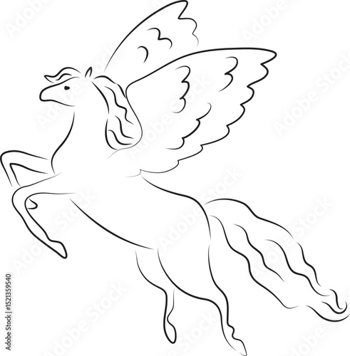 beautiful flying pegasus with wavy mane in flight, side view, curved lines drawn by hand with a black brush