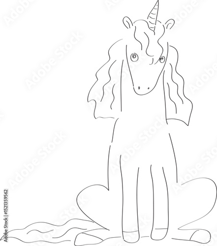 cute big unicorn with wavy mane sits thoughtfully, front view, curved lines drawn by hand with a black brush