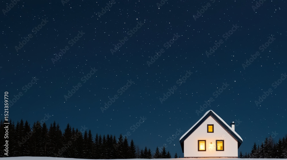 Naklejka premium Cozy cottage glowing warmly under starry night sky, surrounded by snow covered trees
