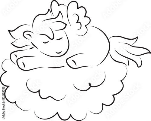 cute little pegasus lying and sleeping on a cloud, curved lines drawn by hand with a black brush