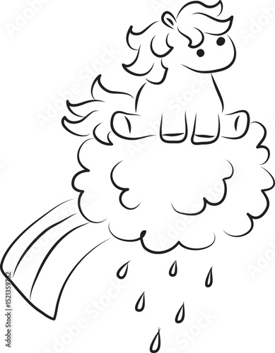 cute little horse with tousled mane funny sitting on rain cloud with rainbow, curved lines drawn by hand with a black brush