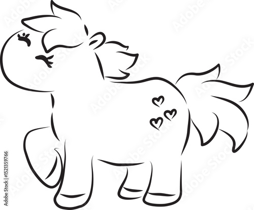 cute little happy pony with little hearts on her rump, side view, curved lines drawn by hand with a black brush