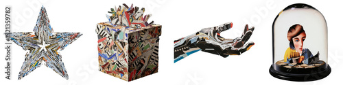 PNG collage features a star gift box robotic hand and snow globe.
