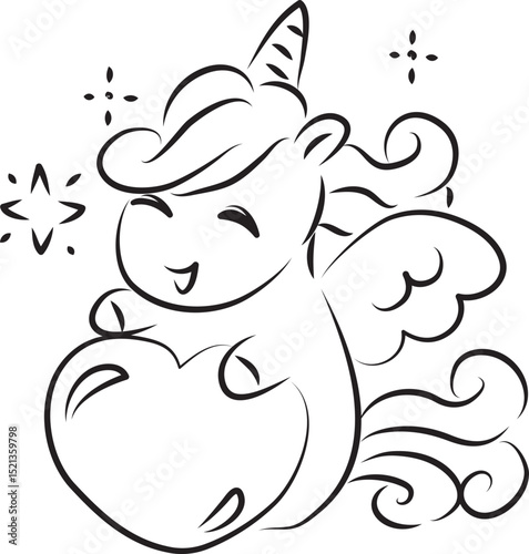cute happy little pegasus unicorn with wavy beautiful mane smiling and holding big heart, curved lines drawn by hand with a black brush