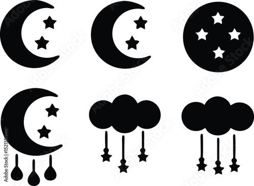 Simple black and white celestial icons for a child's room or educational materials.