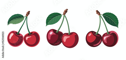 Three Pairs of Fresh Red Cherries with Green Leaves