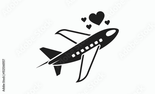Airplane heart path, travel love symbol, flight route icon