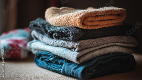 Neatly Stacked Soft Towels in Cozy Indoor Setting for Bathroom or Spa Decor, Featuring Various Colors and Textures for Visual Appeal