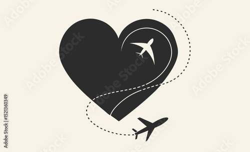 Airplane heart path, travel love symbol, flight route icon
