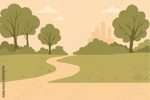 Flat Vector Illustration of a City Park Landscape with Trees and Path on a Sunny Day