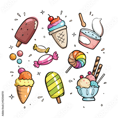 Vector illustration of a set of ice creams featuring different flavors and cones on a white background.eps