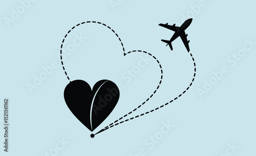 Airplane heart path, travel love symbol, flight route icon