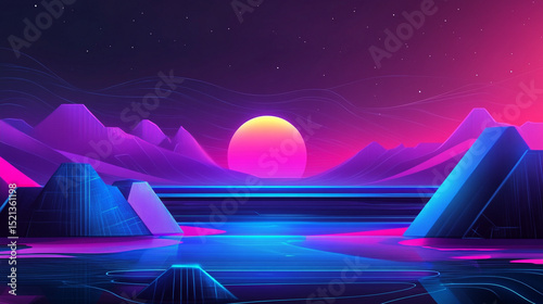 Abstract image of a round celestial body on the horizon. Illustration in blue, red and light blue tones for use in graphics, design and screensavers.