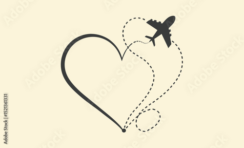 Airplane heart path, travel love symbol, flight route icon