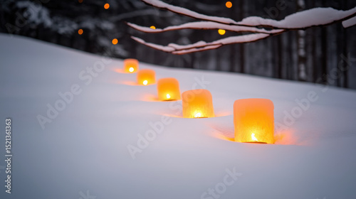 Serene winter scene with glowing candles in snow, creating warm ambiance