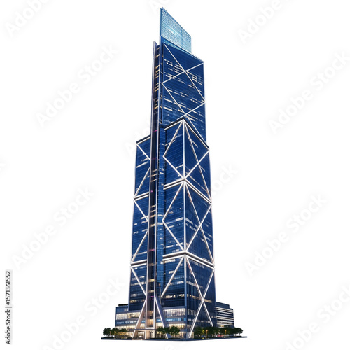 Modern Skyscraper with Illuminated Geometric Patterns isolated on a transparent background 