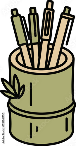 Bamboo Pencil Holder with Pens and Leaves