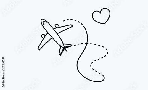 Airplane heart path, travel love symbol, flight route icon