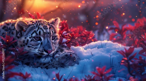 cute snow leopard baby relaxing in the snowy bushes