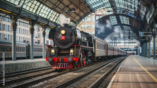 Steam train departs from Riga railway station, Moscow.with the railway station in the background