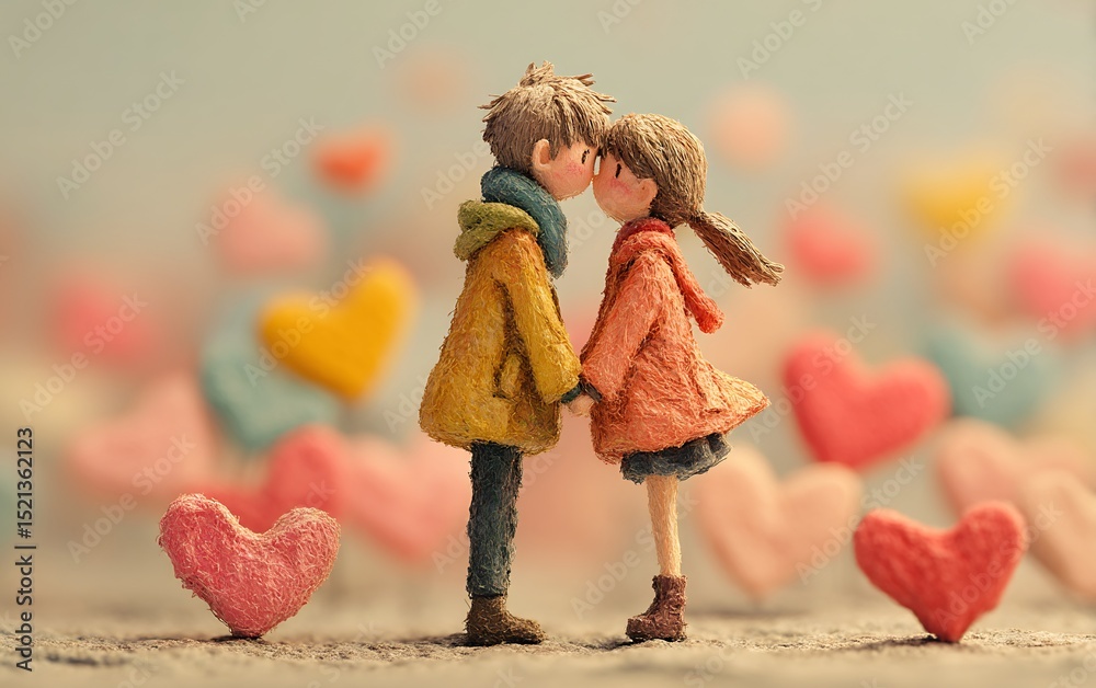 Fototapeta premium Romantic couple sharing a kiss in front of a heart-shaped background filled with love and joy