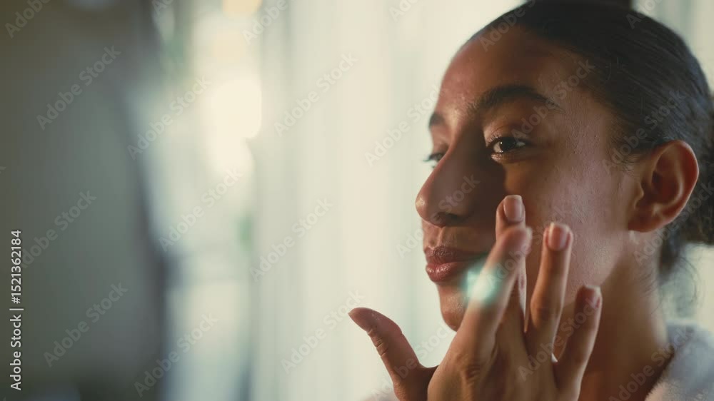 Portrait of adult multi ethnic woman looking at mirror in bathroom, happy smile. Stay young and beautiful in middle age, joyful lady admiring her beautiful face, healthy skin, eco natural cosmetics