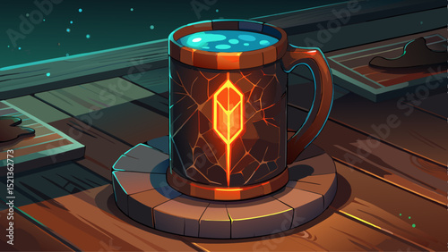 Glowing Illuminated Dark Textured Mug on Wooden Coaster on Desk Very beautiful