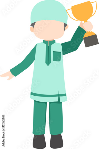 Muslim kid student holding trophy