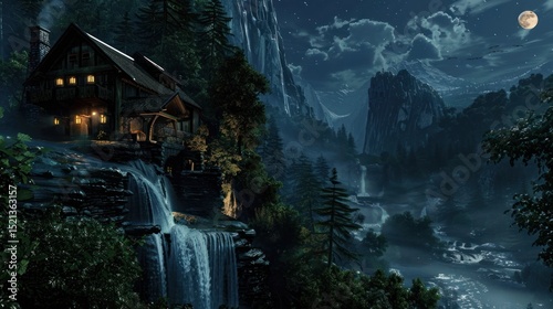 Enchanted Waterfall Cabin under Moonlight in Mountainous Wilderness