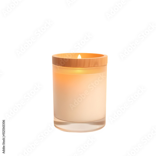 Photorealistic scented candle in frosted glass jar with wooden lid, golden glow, lens flare, warm lighting, on transparent background

