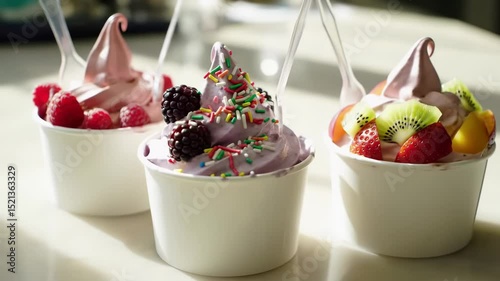 Cinematic close-up orbit and zoom on three frozen yogurt cups with fruit and sprinkles