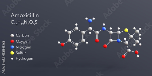 Fototapeta Naklejka Na Ścianę i Meble -  amoxicillin molecule 3d rendering, flat molecular structure with chemical formula and atoms color coding